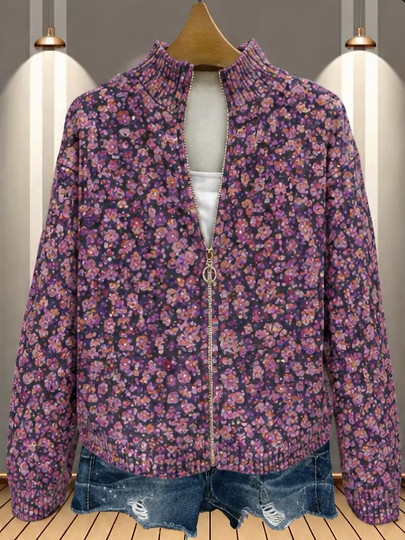 Ditsy Floral Print Zip Front Stand Collar Cardigan 5