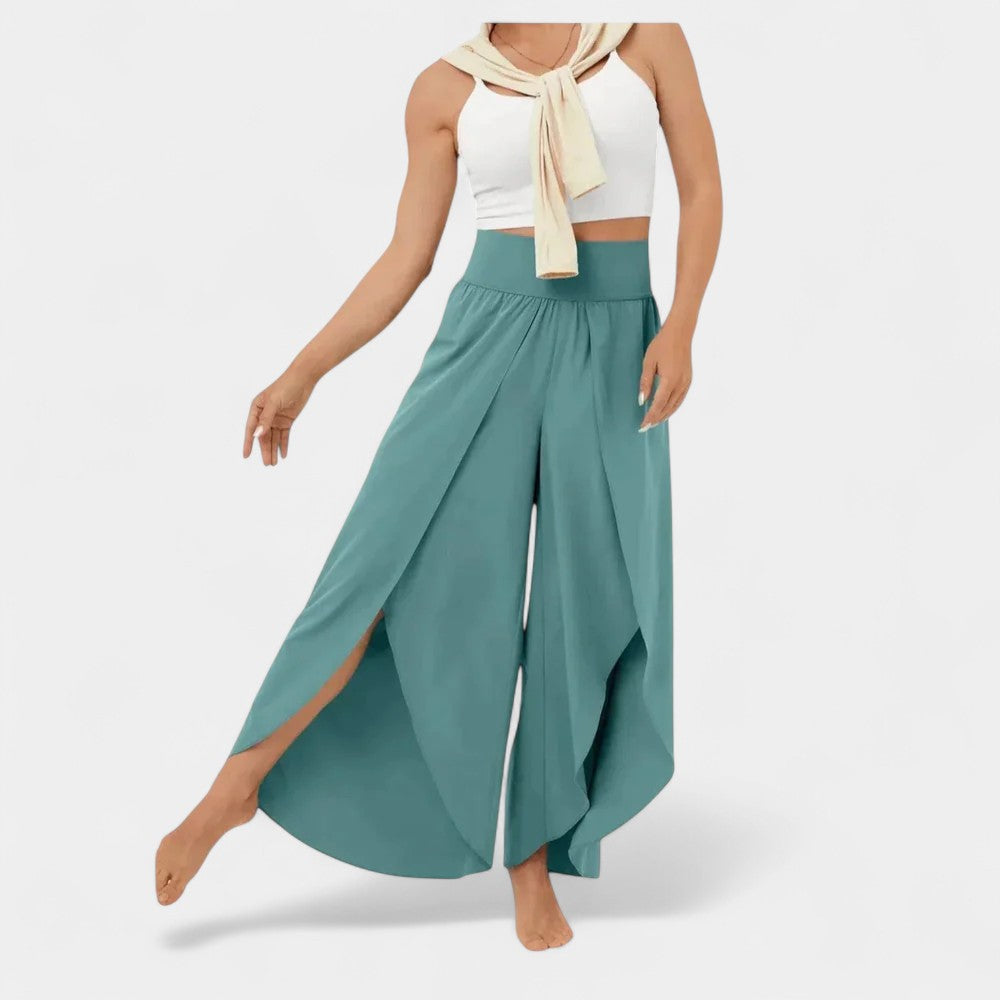 High Waist Split Front Layered Wide Leg Palazzo Pants