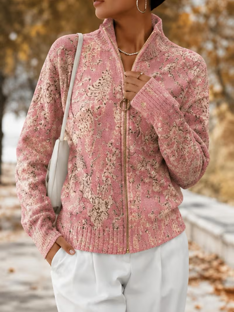 Floral Print High Neck Full Zip Long Sleeve Knit Cardigan 2