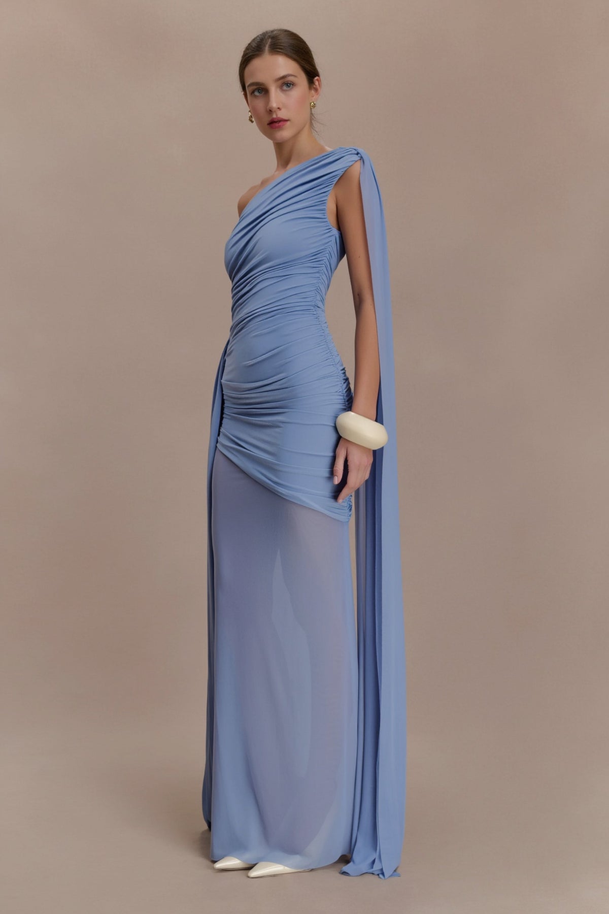 Mesh Paneled One Shoulder Cape Fitted Party Dress