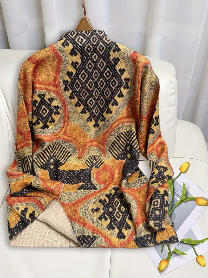 Aztec Print Zip Front Stand Collar Cardigan 3