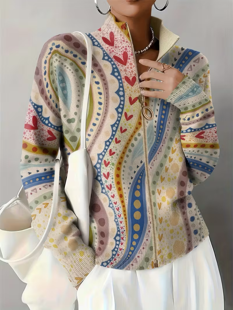 Paisley Print Quarter Zip Mock Neck Knit Cardigan