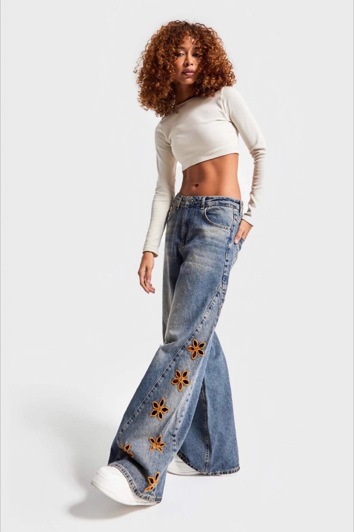 High-Waist Embroidered Wide-Leg Denim Jeans