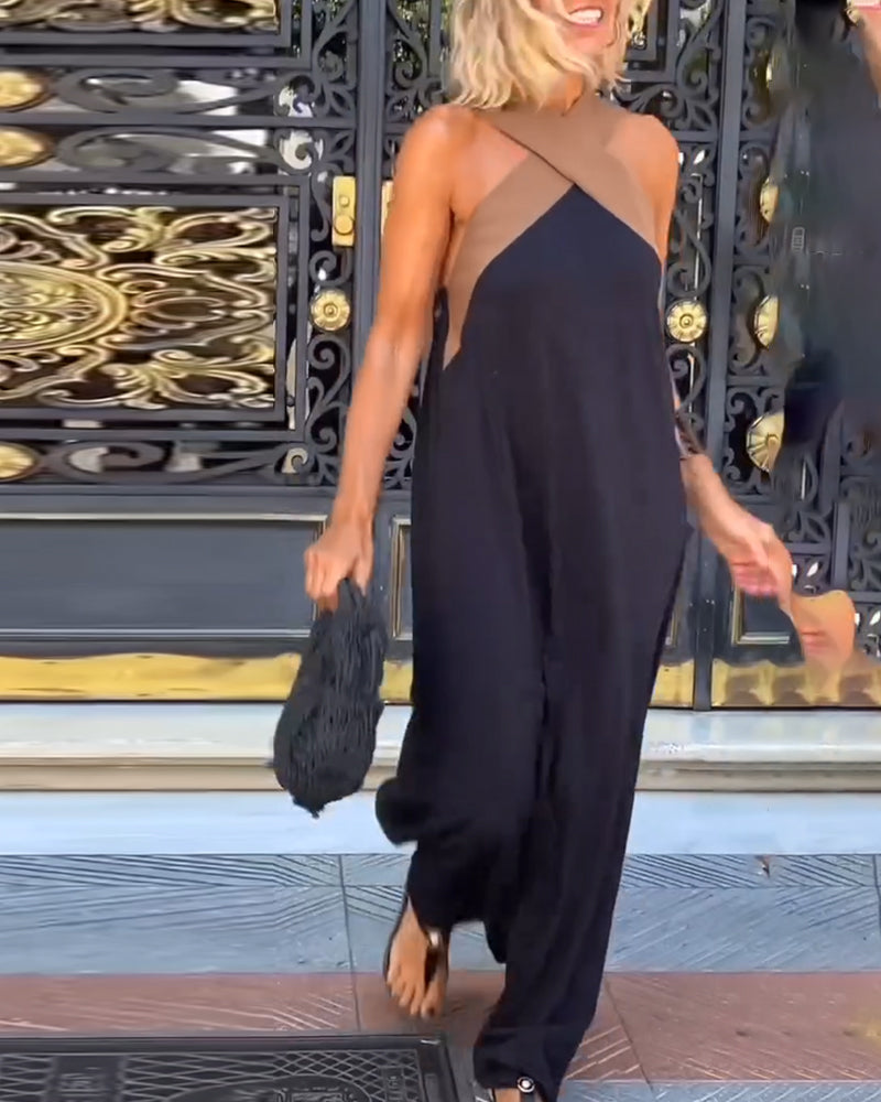 Cross Halter Neck Contrast Panel Sleeveless Draped Maxi Dress 6