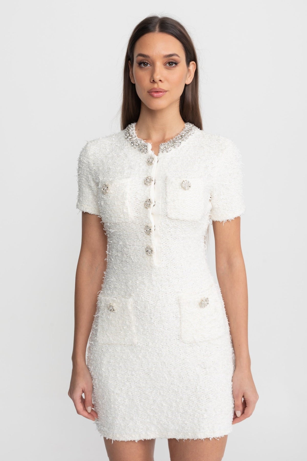 Tweed Rhinestone Collar Crystal Button Patch Pocket Mini Dress - View 2
