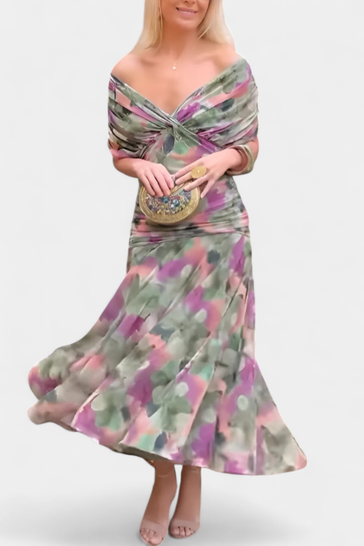 Watercolor Floral Off Shoulder Ruched Maxi Dress 4