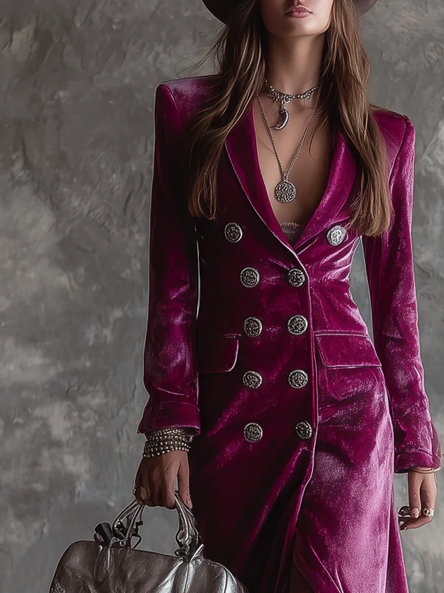 Velvet Double Breasted Notch Lapel High Split Longline Blazer 2