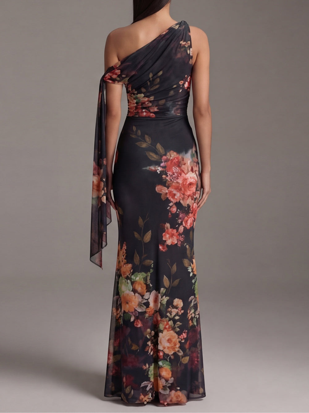 Floral Print One Shoulder Draped Sash Maxi Gown 2