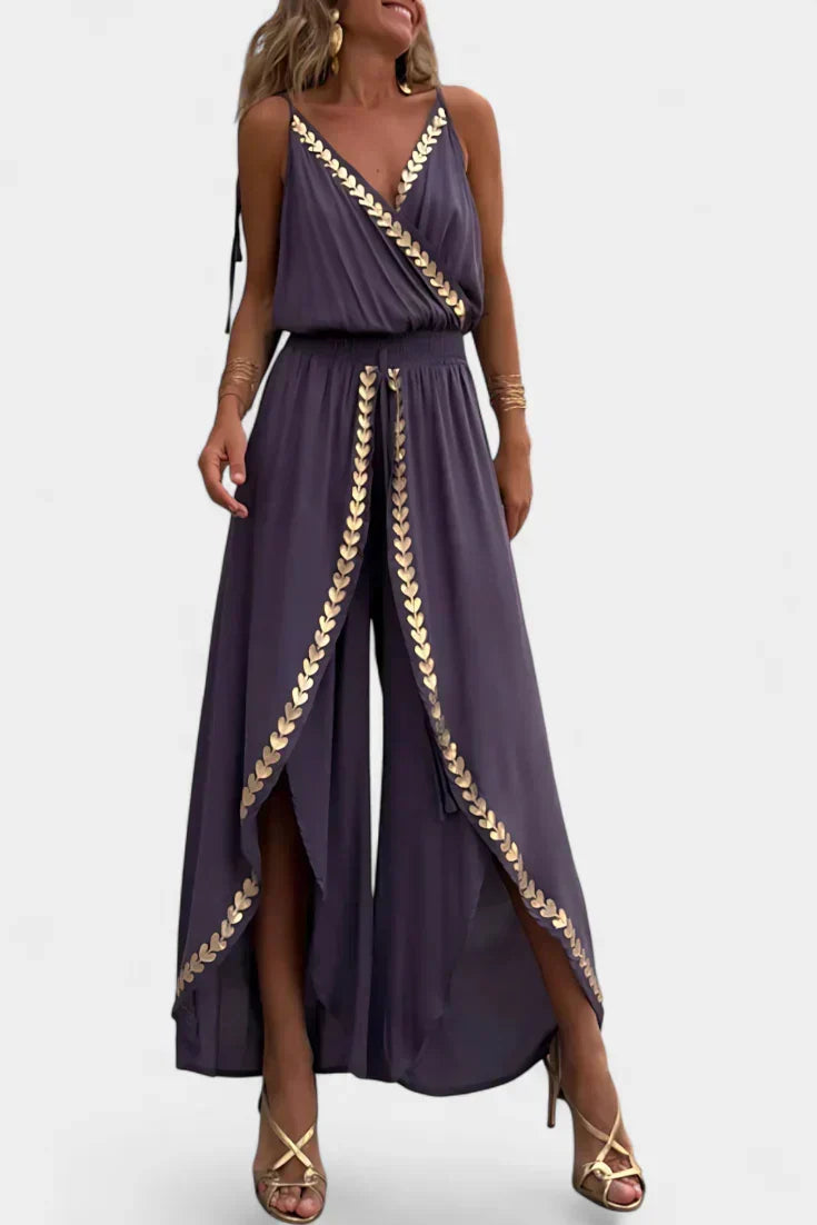 Gold Trim V-Neck Wrap Wide Leg Jumpsuit 2