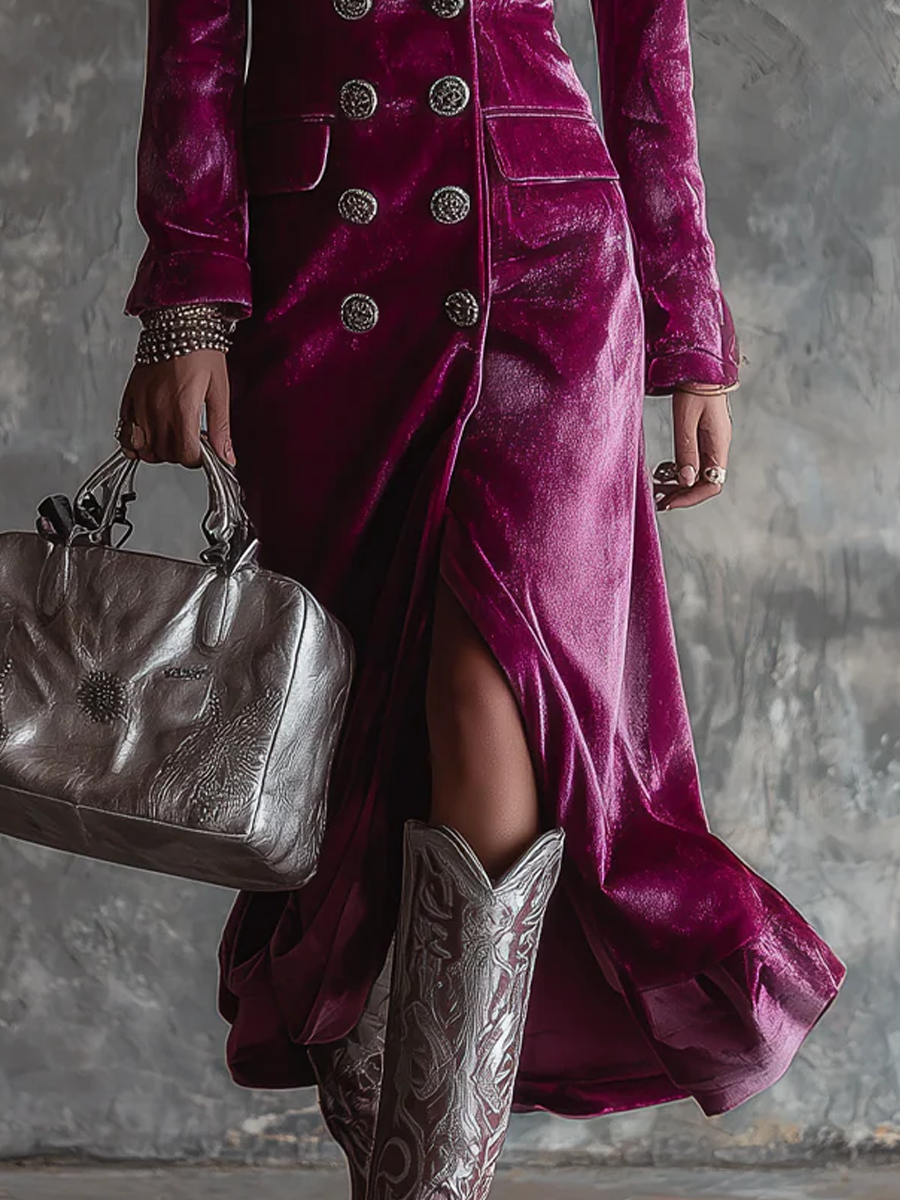 Velvet Look Double Breasted Deep V-Neck High Split Blazer Dress 3
