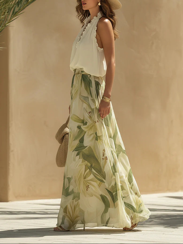 Ruffle Halter Neck Top and Lily Print Wide Leg Pants Two Piece Set 2