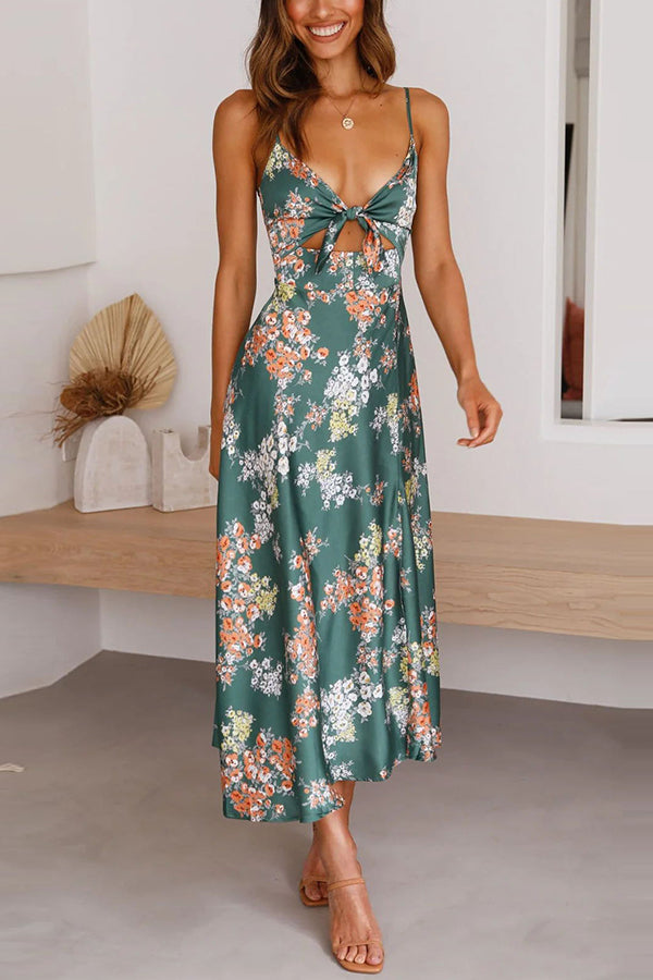 Floral Satin Spaghetti Strap Cut Out High Split Midi Dress - View 3