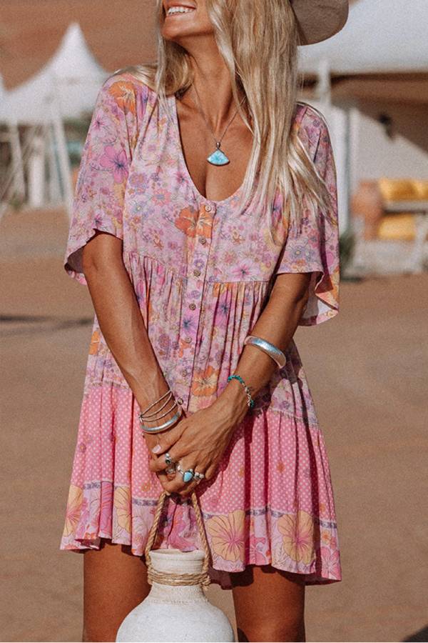 Floral Print V-Neck Button Front Flutter Sleeve Tiered Mini Dress