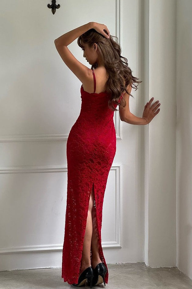 Lace Spaghetti Strap Straight Neck Bodycon Slip Maxi Dress - View 5