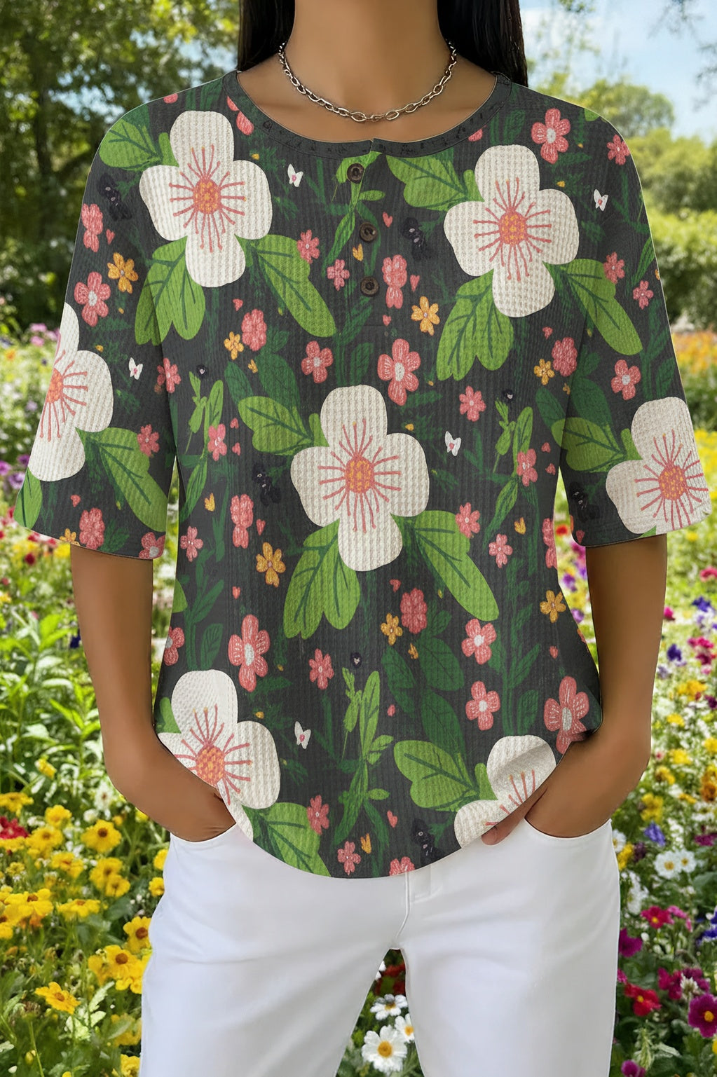 Large Floral Print Waffle Knit Short Sleeve Henley Top