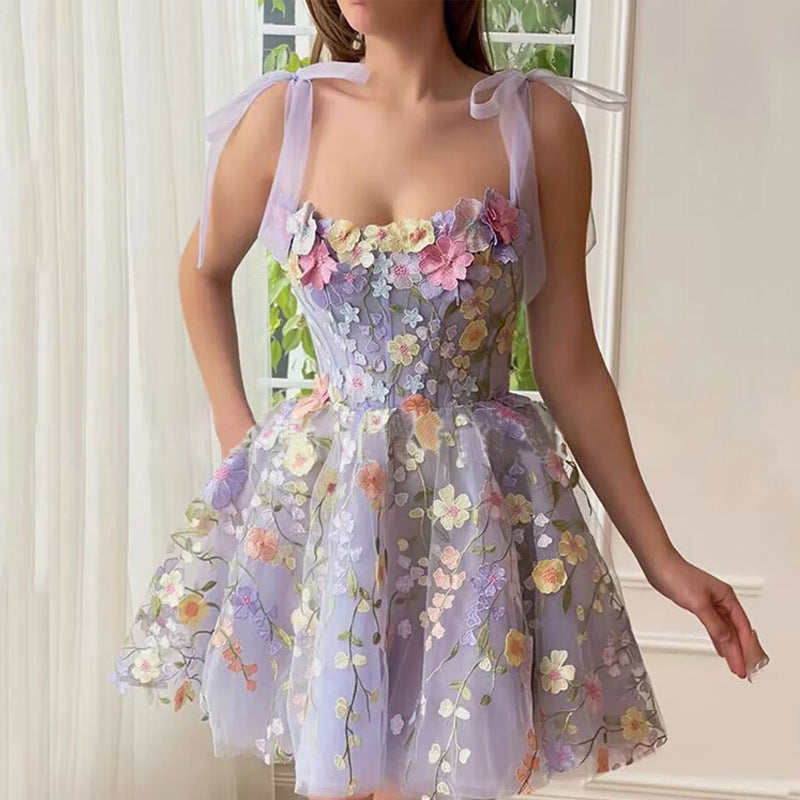 Floral Applique Tie Strap Corset Tulle A-Line Mini Dress