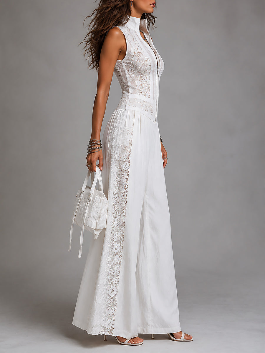 Lace Panel High Neck Zip Front Wide Leg Jumpsuit 4
