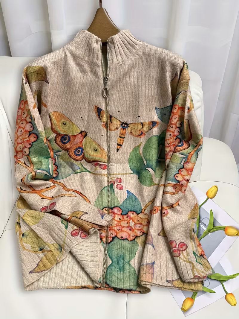 Butterfly Floral Print Stand Collar Zip Knit Cardigan 2