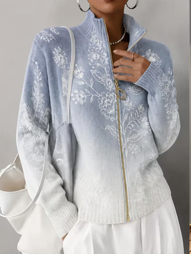 Floral Print Stand Collar Zip Front Knit Cardigan