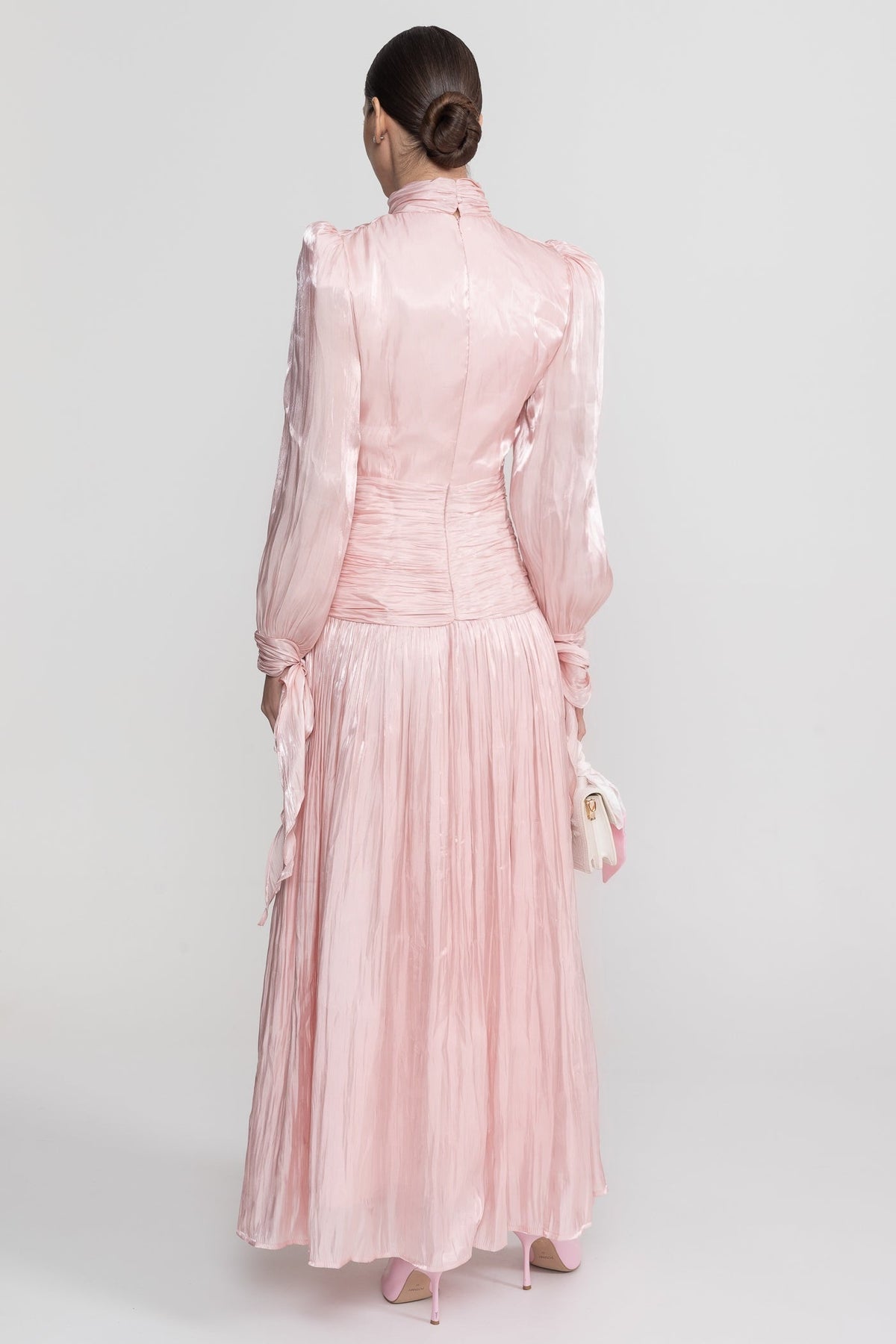 Ruched Long Sleeve Maxi Dress With Pleated Skirt - Blush Pink - View 5