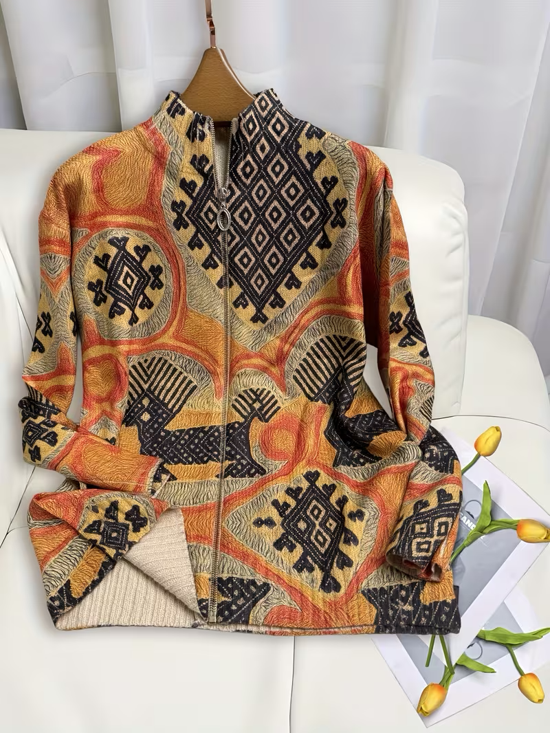 Aztec Print Zip Front Stand Collar Cardigan 4
