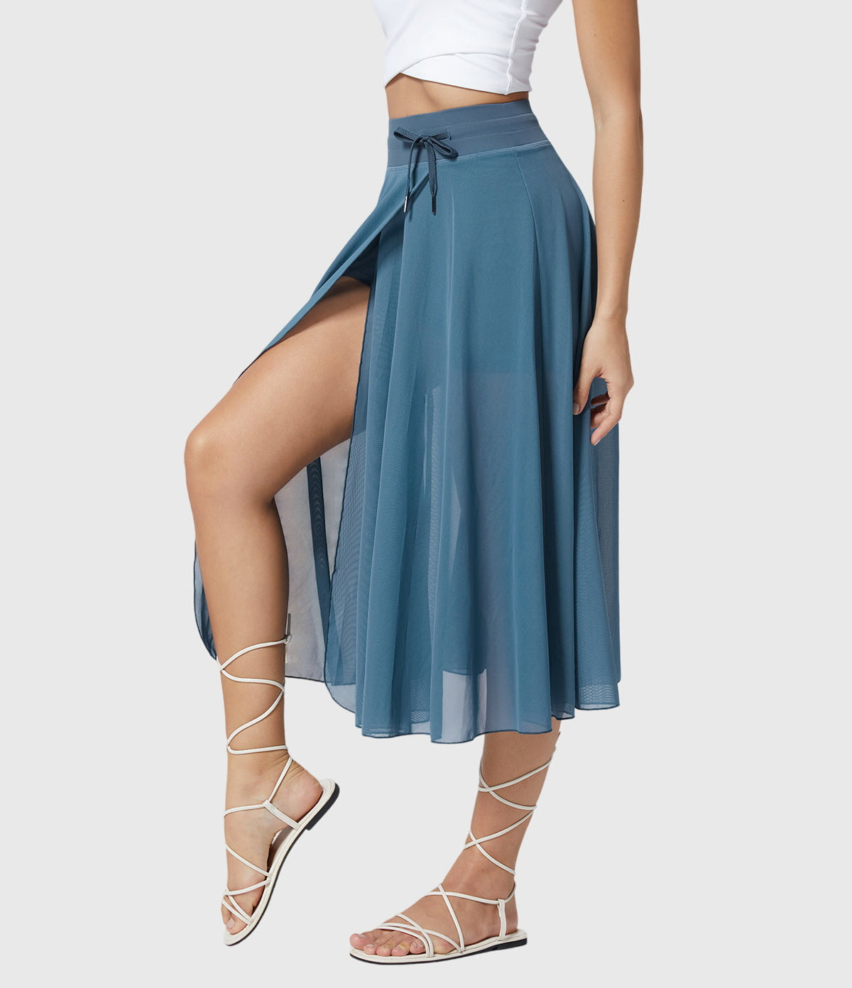 High Waist Drawstring Front Slit A-Line Midi Skirt 25