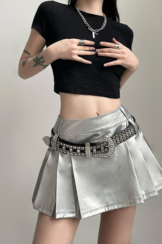 High-Waist Bodycon Pleated Denim Mini Skort
