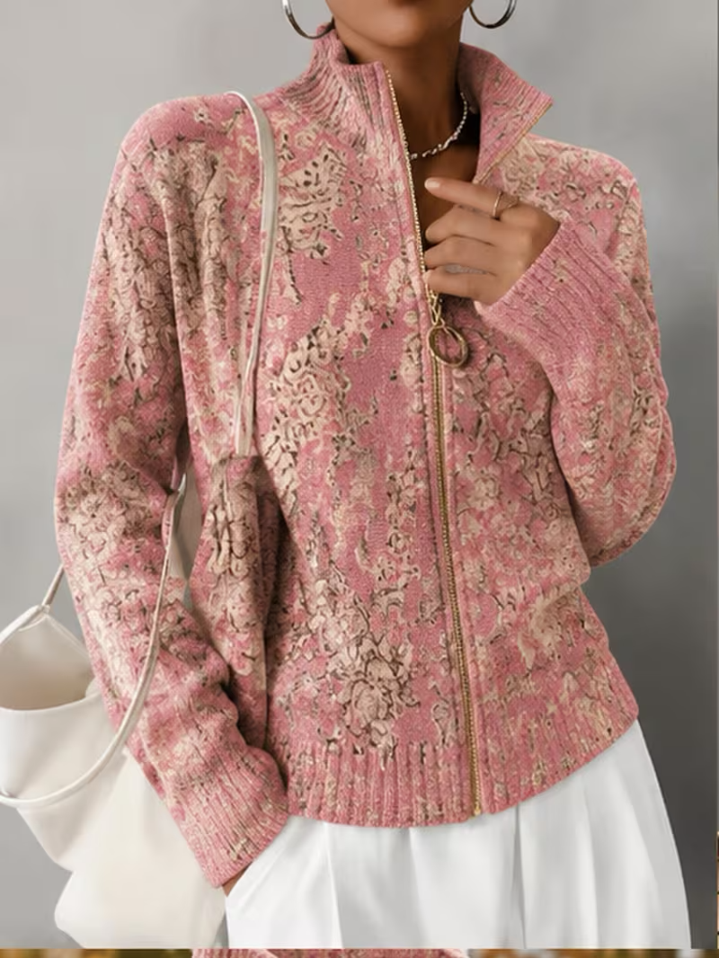 Floral Print High Neck Full Zip Long Sleeve Knit Cardigan