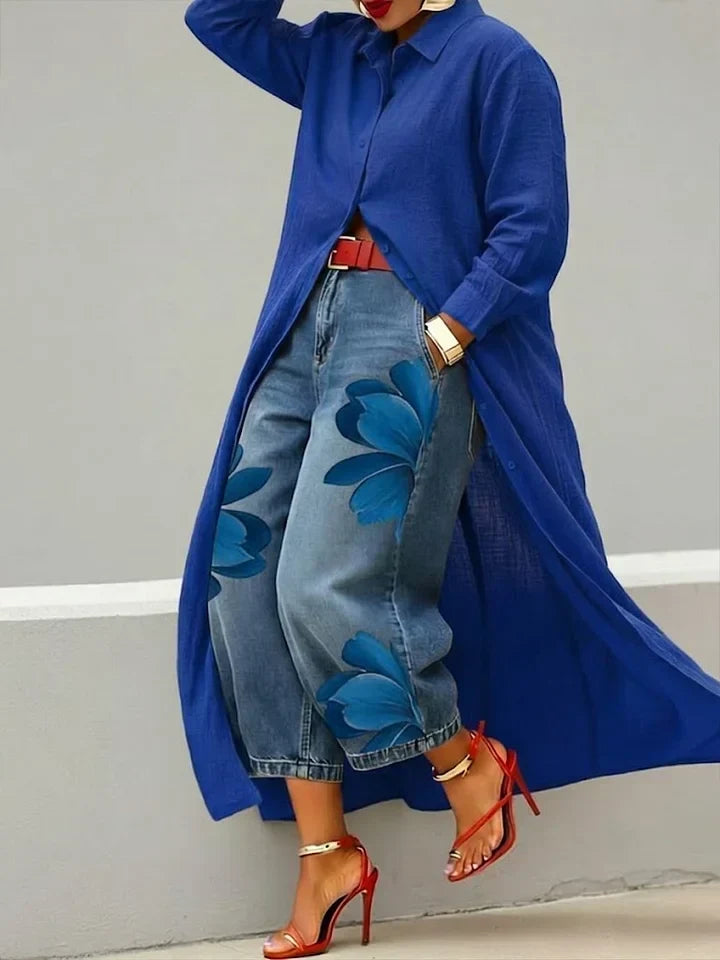 Long Sleeve Duster Shirt and Floral Wide Leg Jeans Two Piece Set 4