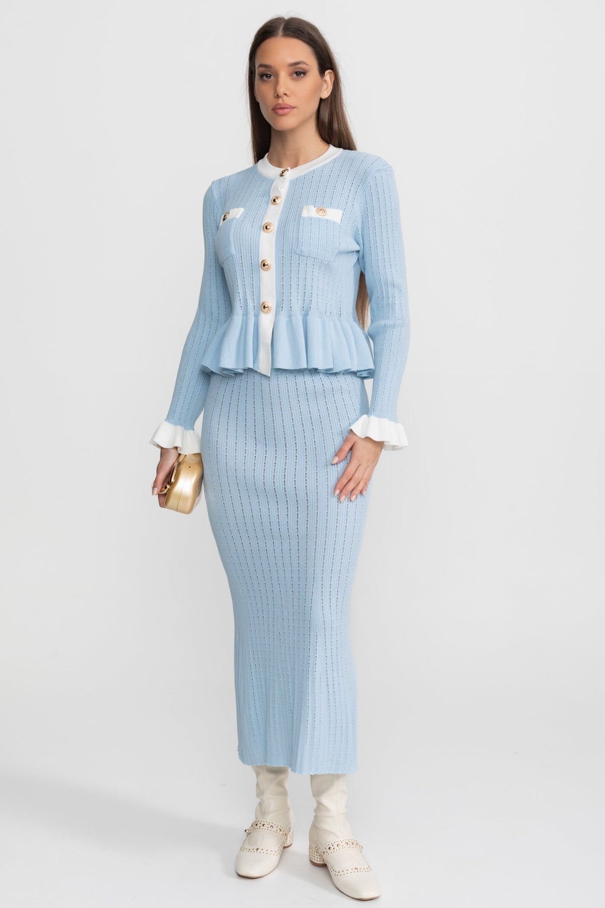 Pointelle Knit Midi Co-Ord with Contrast Trim – Baby Blue - View 10