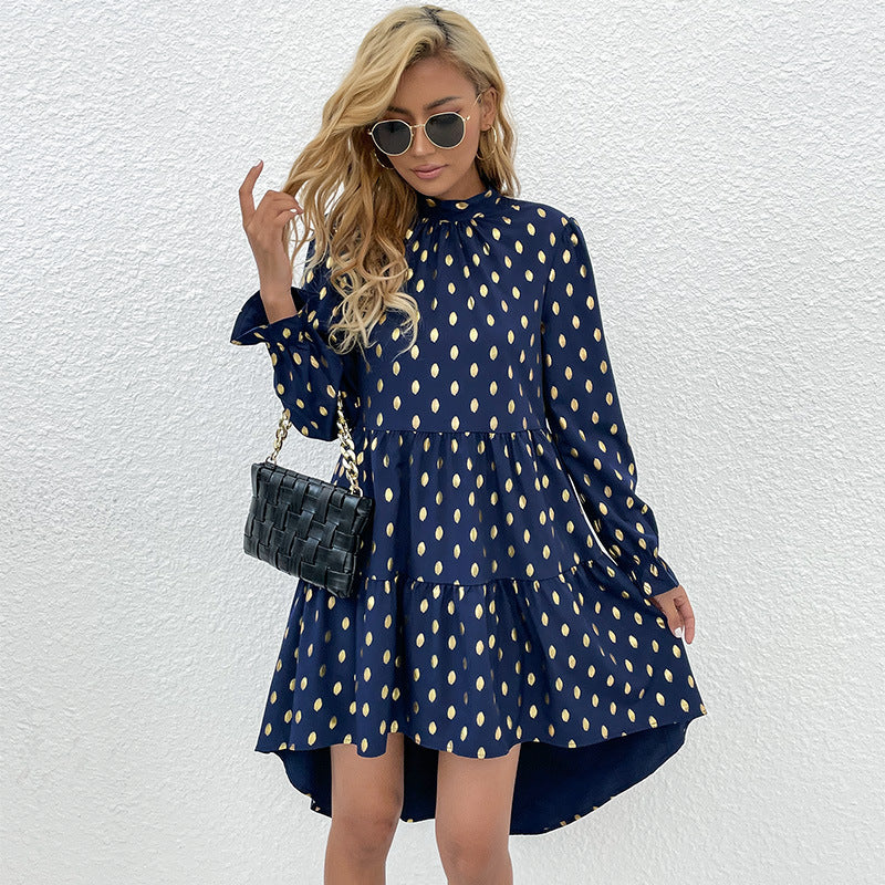 Mock Neck Long Sleeve Tiered High Low Metallic Polka Dot Dress