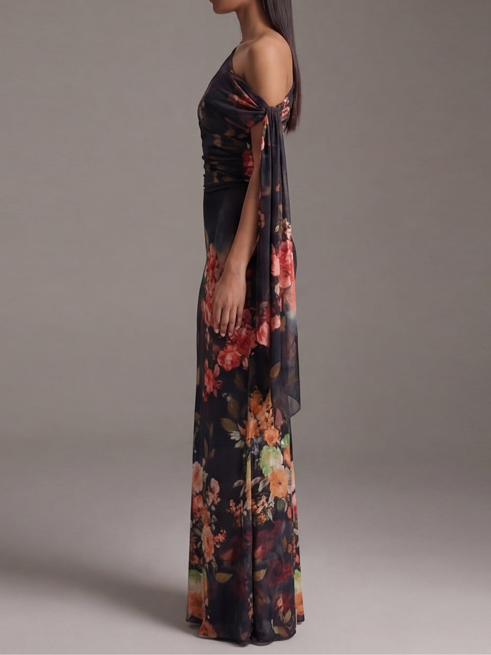 Floral Print One Shoulder Draped Sash Maxi Gown 3