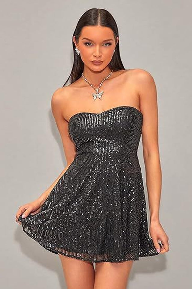 Strapless Sweetheart Sequin Fit and Flare Mini Dress