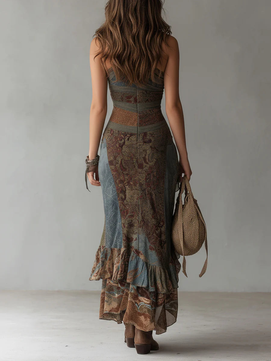 Printed Mesh One Shoulder High Split Ruffle Maxi Dress 3