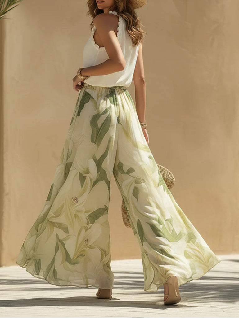 Ruffle Halter Neck Top and Lily Print Wide Leg Pants Two Piece Set 3