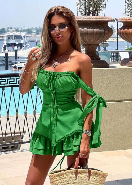 Tie Shoulder Corset Button Front Lace Trim Tiered Mini Dress - View 4
