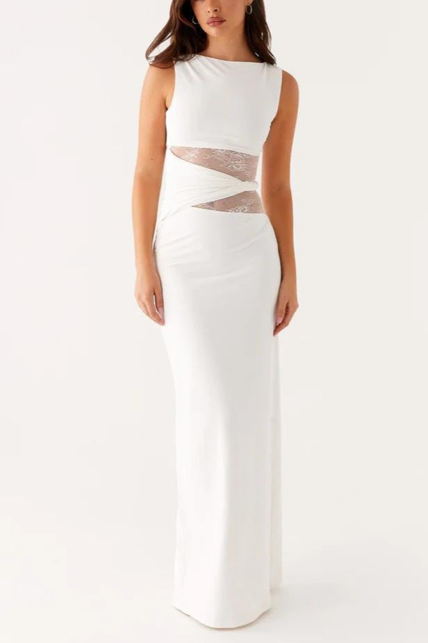 Slim Sheer Lace Paneled Maxi Lace Dress - View 3