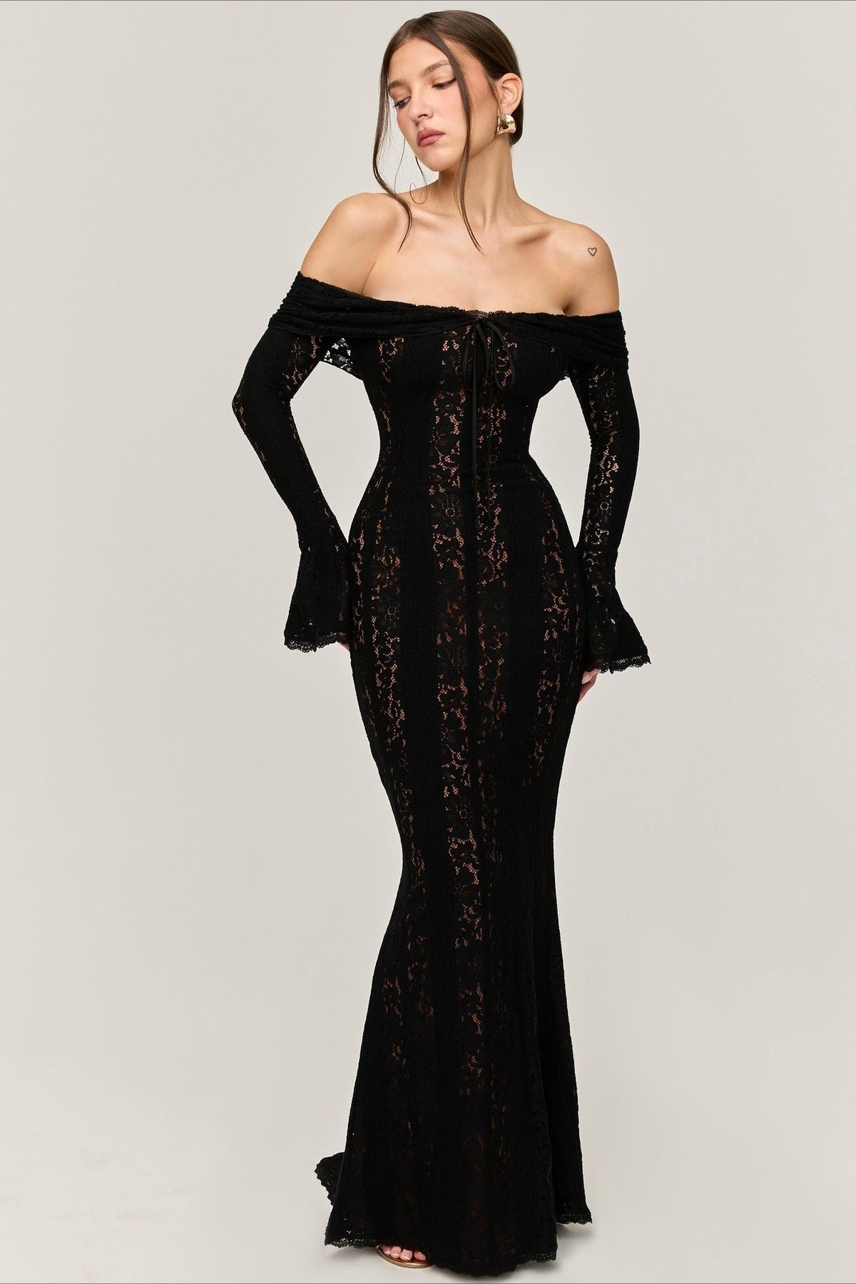 Lace Off Shoulder Long Sleeve Sheer Mermaid Maxi Dress - View 4