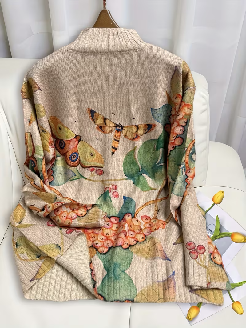 Butterfly Floral Print Stand Collar Zip Knit Cardigan 3