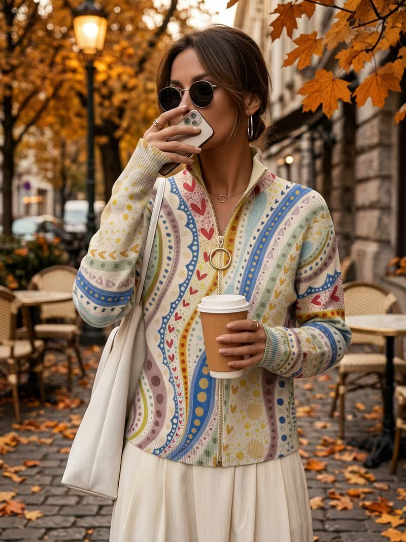 Paisley Print Quarter Zip Mock Neck Knit Cardigan 5