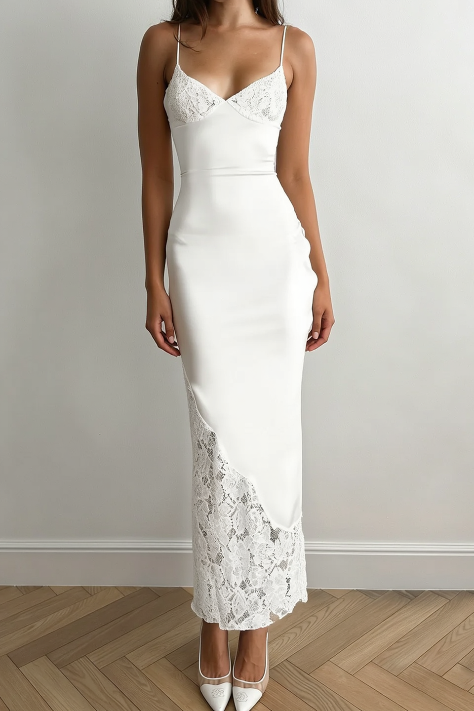 Lace Trim V-Neck Spaghetti Strap Satin Slip Maxi Dress 5