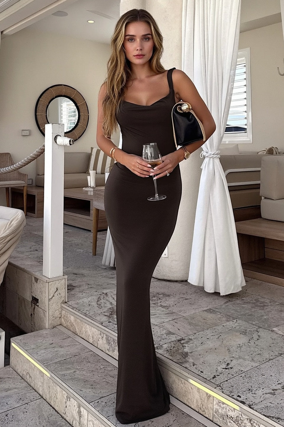 Cowl Neck Wide Strap Ruched Bodycon Mermaid Maxi Dress
