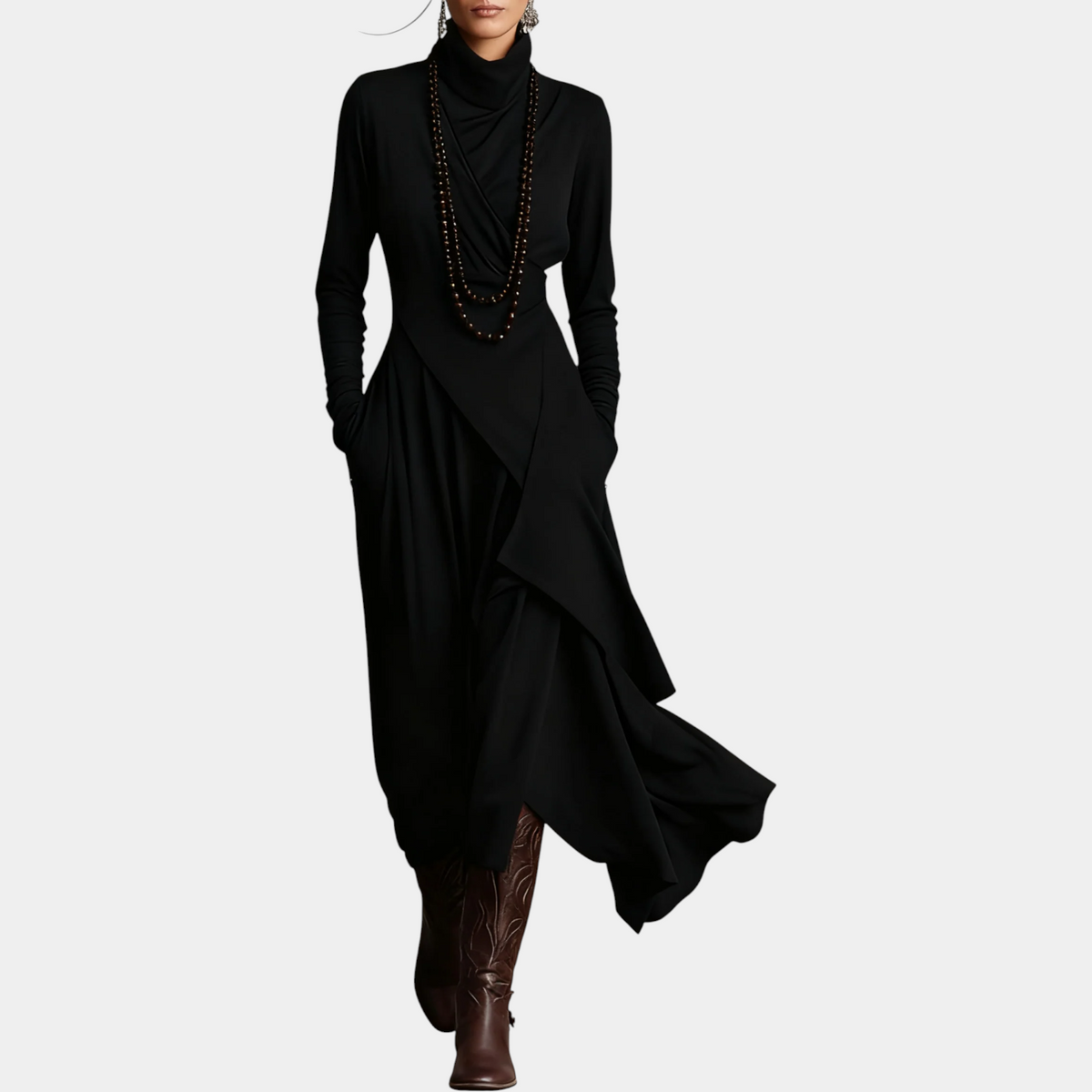 Turtleneck Long Sleeve Asymmetric Draped Maxi Dress 3