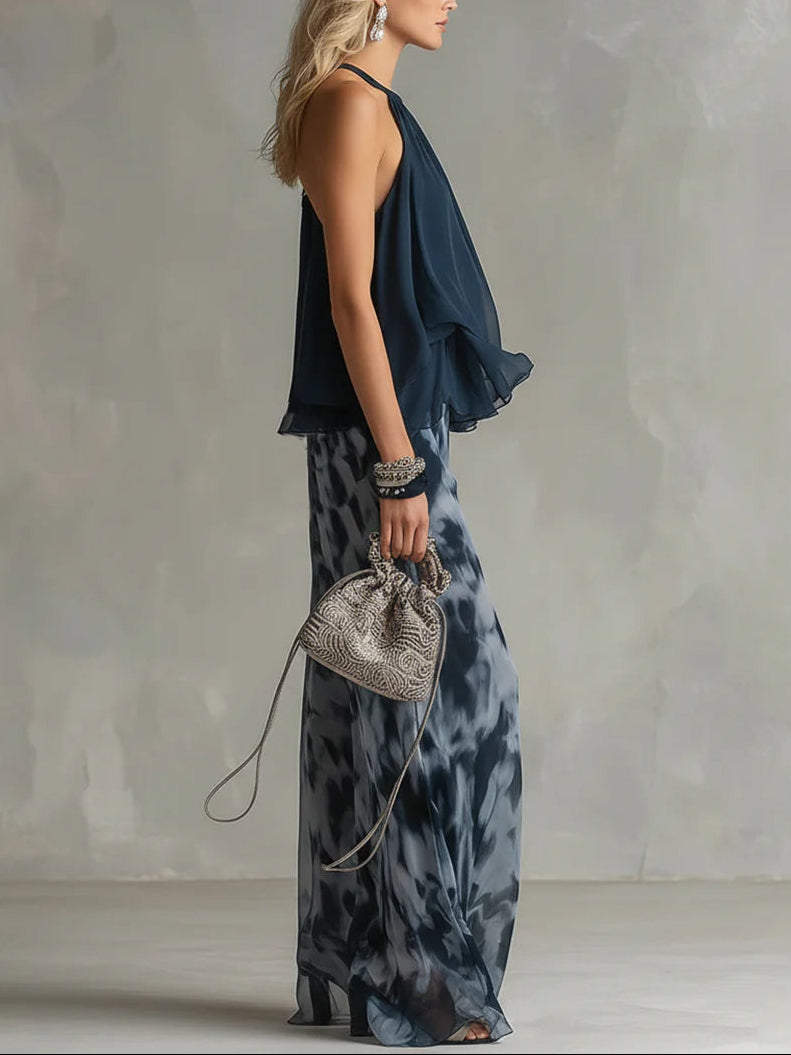 Halter Neck Ruffle Top and Tie Dye Wide Leg Pants Two Piece Set 3