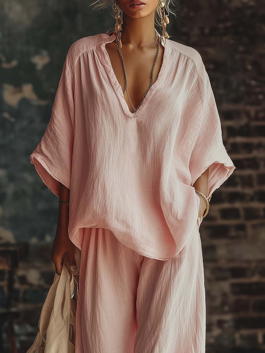 Split Neck Oversized Top and Wide Leg Pants Two Piece Set 3