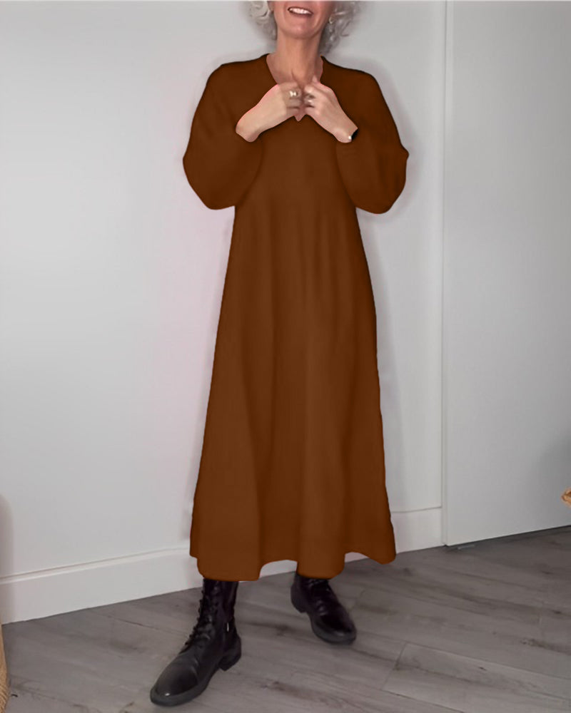 Deep V-Neck Bishop Sleeve Empire Waist Smock Linen Look Maxi Dress - View 4