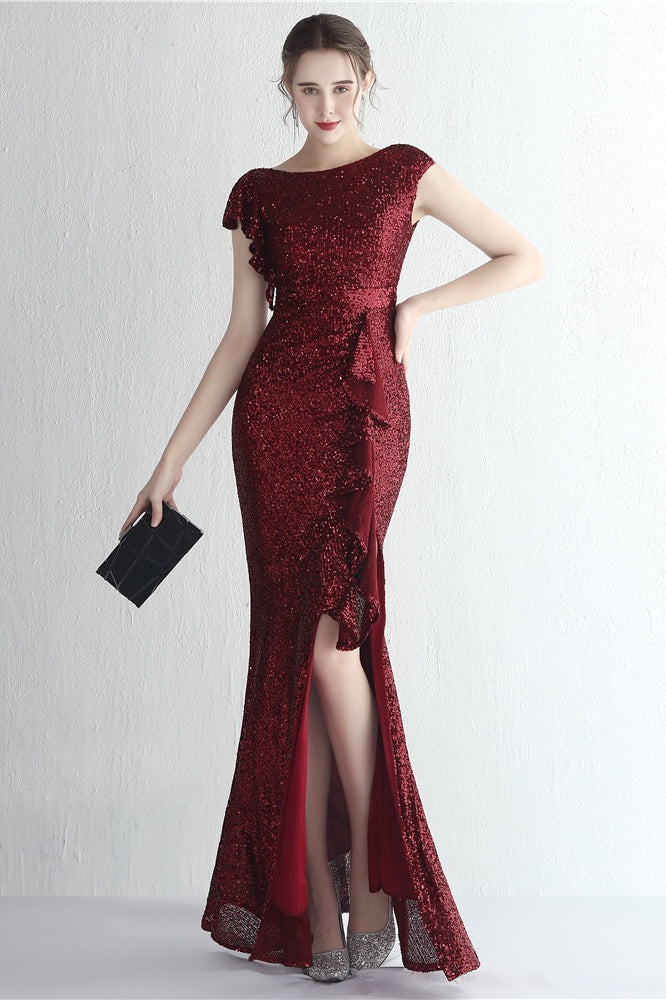 Sequin High Neck Cap Sleeve Ruffle High Split Mermaid Gown - View 11