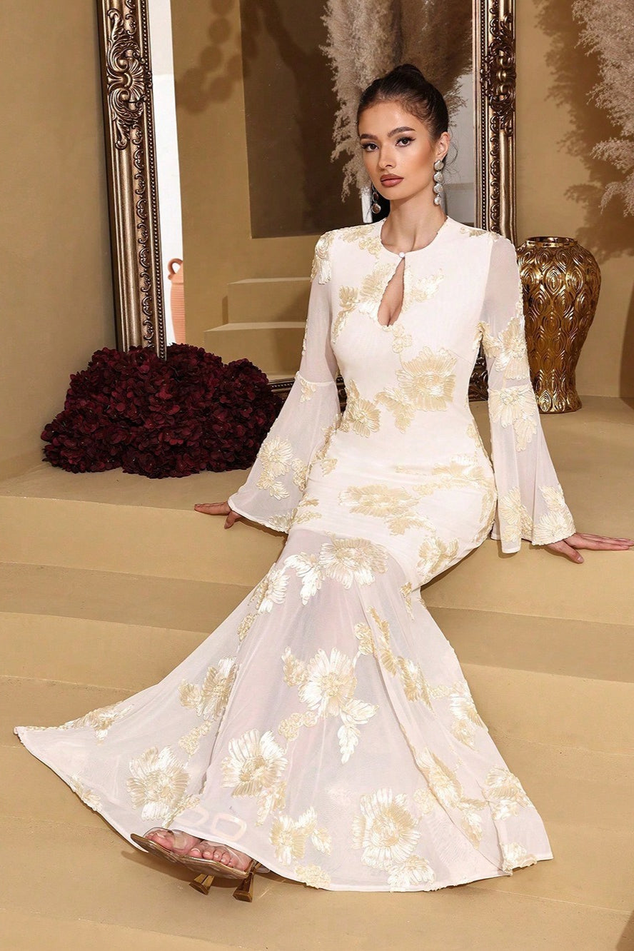 Embroidered Mesh Keyhole Bell Sleeve Mermaid Gown - View 7