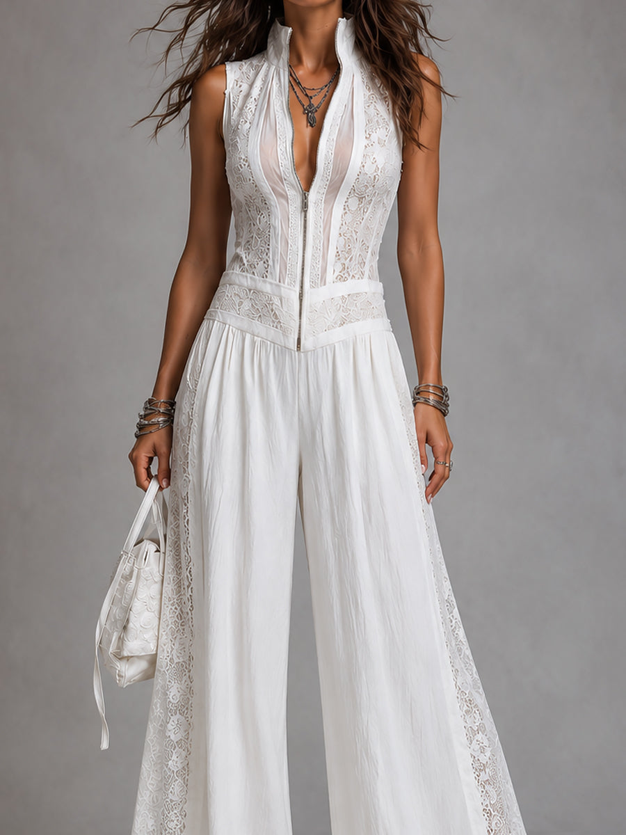 Lace Panel High Neck Zip Front Wide Leg Jumpsuit 5