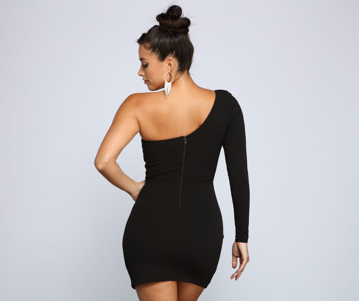 One Shoulder Long Sleeve Ruched High Split Bodycon Mini Dress - View 2